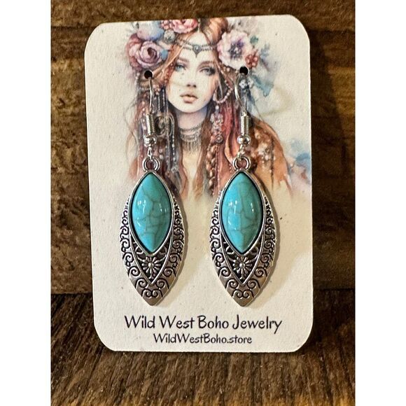 Boho Vintage Chic Southwestern Dangle Wire Earrings, Turquoise Stone, Gift Box - Picture 10 of 10